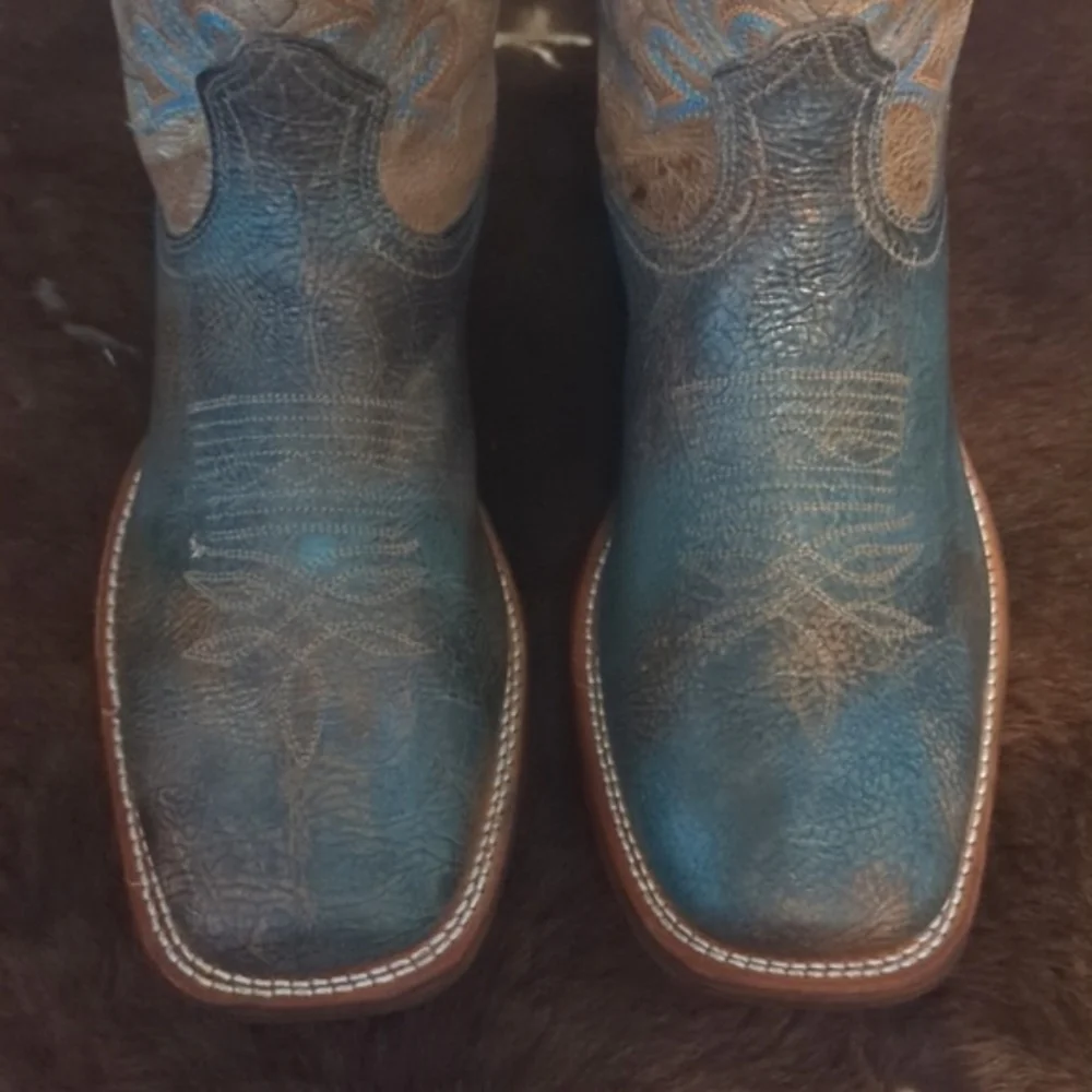 BOULET Boots #4071 mens 9E cowboy boots distressed Tan/Turqueza square toe EUC